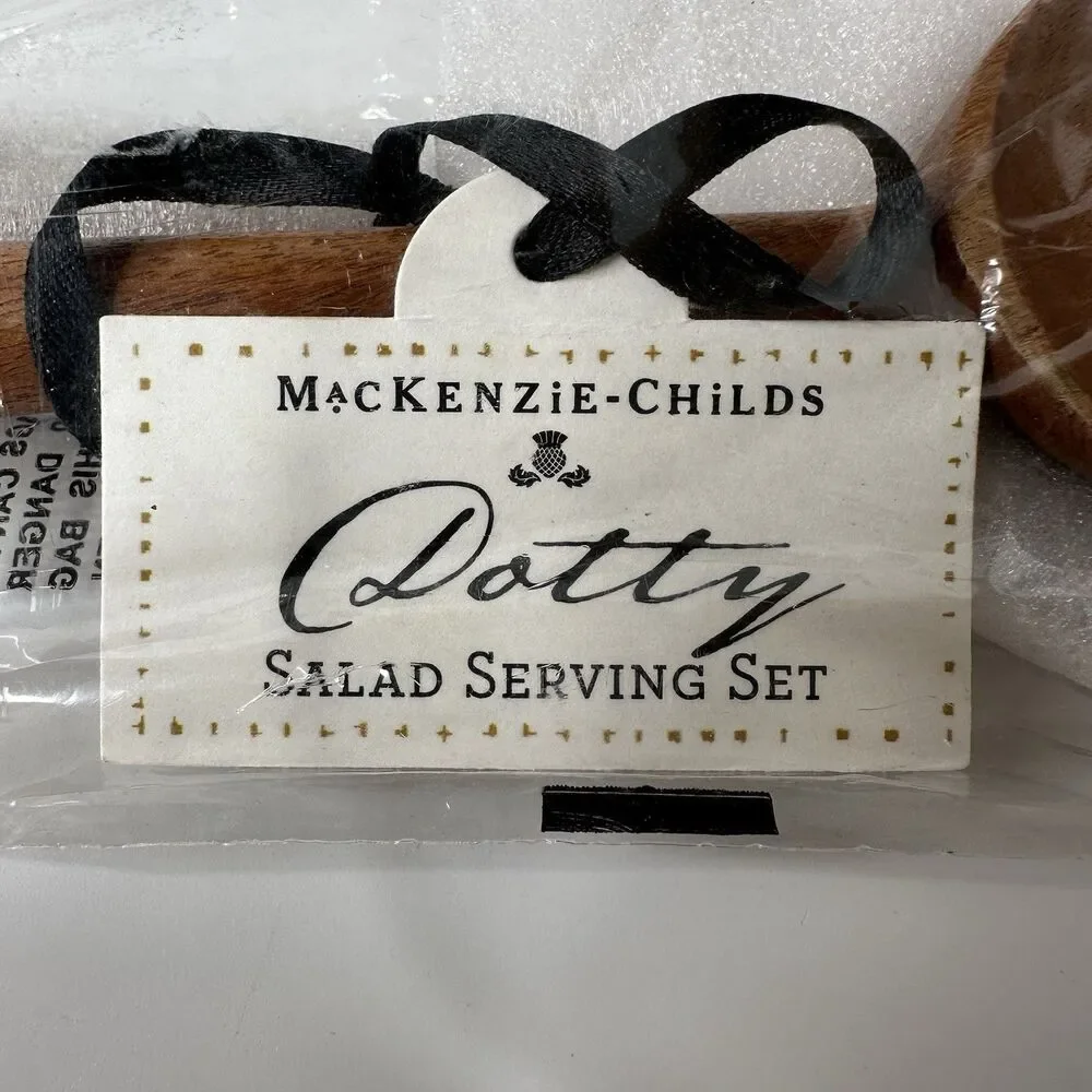 MacKenzie Childs Dotty Salad Serving Set Wood With Black White Polka Dot Handle